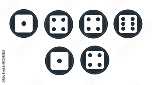 Set of six white dice icons with black dots inside dark circles showing various numbers like one, four, and six.