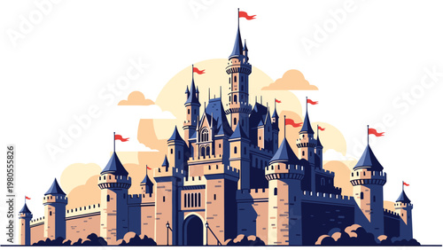 Large majestic stone castle with many blue towers and red flags standing tall against a bright yellow sunset sky and white clouds.