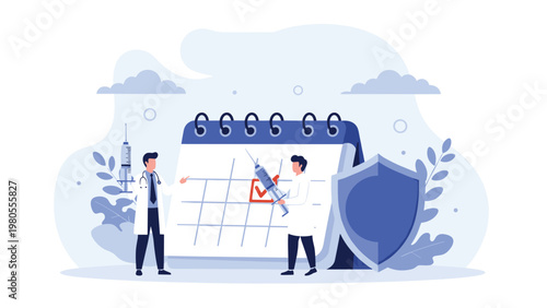 Medical professionals standing next to a large calendar with a shield and syringe for vaccination schedule concept.