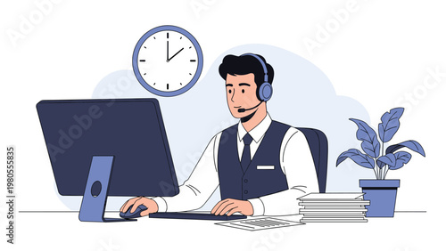 Male office worker wearing a headset while working at a computer desk with a clock and plant in the background.