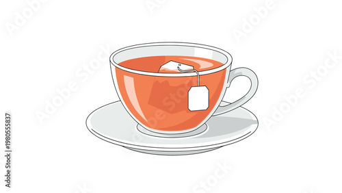 Detailed illustration of a transparent glass cup filled with orange tea and a teabag inside resting on a white saucer.