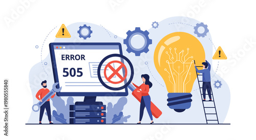Technical support team working to fix a website error near a giant lightbulb with circuit board patterns for a creative concept.