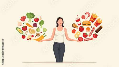 Woman balancing a large variety of healthy vegetables and fruits against fast food items like burgers and sodas.