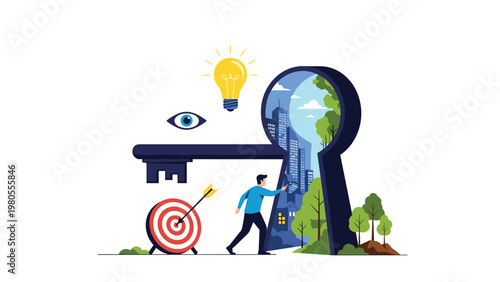 Conceptual illustration of a man walking through a giant keyhole towards a city skyline with symbols of ideas and success.