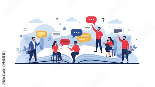 Group of diverse people having conversations and sharing ideas while sitting together inside a large open storybook.