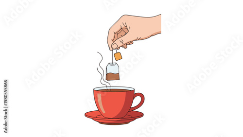Human hand dipping a teabag into a red ceramic cup of hot tea with rising steam on a clean white background.