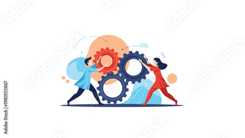 Two characters working together to rotate large interconnected gears representing teamwork and professional collaboration.