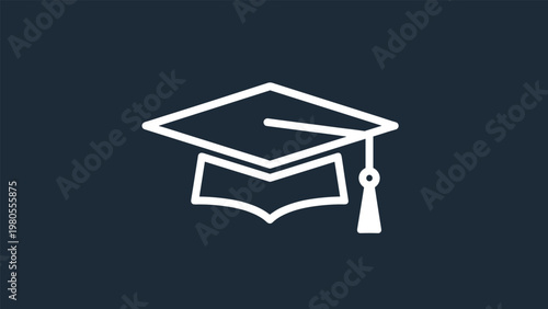 White line art illustration of a graduation cap with a tassel set against a solid and dark navy blue background.