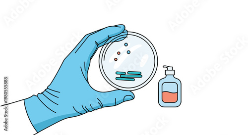 Gloved hand of a scientist holding a transparent petri dish with bacteria cultures next to a bottle of liquid hand sanitizer.