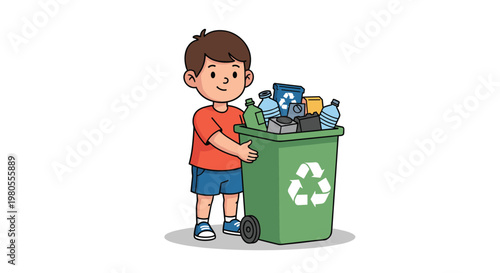 Happy young boy pushing a green recycling bin full of plastic bottles and cardboard containers to promote environmental awareness.