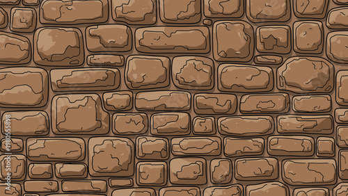 Seamless texture of a brown stone wall with irregular shaped rocks of various sizes and natural earthy tones.