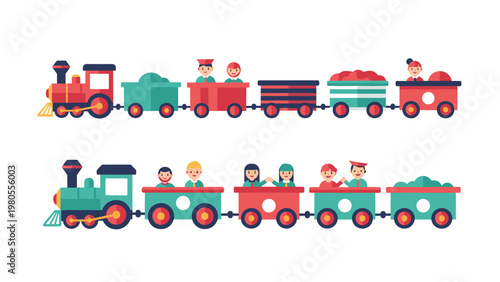 Colorful cartoon trains are shown in two rows carrying happy passengers and various types of cargo in their colorful wagons and cars.