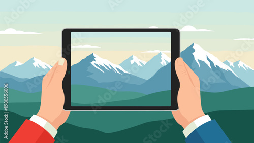 First person view shows hands holding a tablet to capture a panoramic photo of a majestic snowy mountain range during a winter vacation.