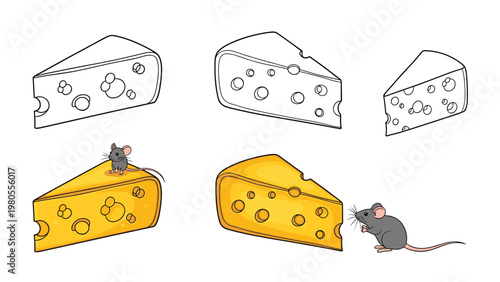 Cheerful illustration depicts several slices of swiss cheese with holes and small grey mice interacting with them in a playful manner.