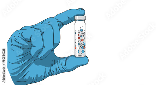 Medical professional wearing blue latex gloves holding a glass vial filled with small red and blue spheres for laboratory research use.