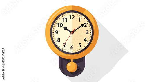 Round yellow wall clock with black numbers and a moving pendulum is isolated on a clean white background for a professional look.