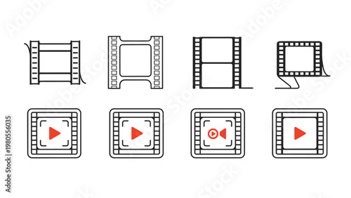 Set of diverse film strip frames and video player play button icons are displayed in a clean and organized graphic arrangement for media.