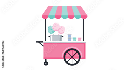 Charming pink and blue mobile cart is shown with a striped awning and fluffy cotton candy on sticks for a carnival or fair celebration.