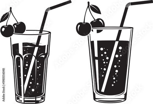 Black and white graphic illustration of two cherry drinks with straws refreshing beverages alcohol free non alcoholic cocktail beverage refreshment carbonated illustration restaurant