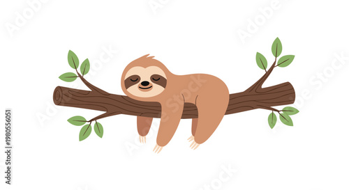 Cute brown sloth peacefully sleeping while hanging from a tree branch with green leaves against a plain white background illustration.