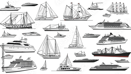 Comprehensive collection features many types of nautical vessels including cruise ships, yachts, sailboats, and cargo boats for transport.