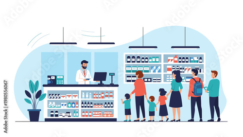 Friendly pharmacist serves customers including families with children waiting in a queue at a modern pharmacy for their prescriptions.
