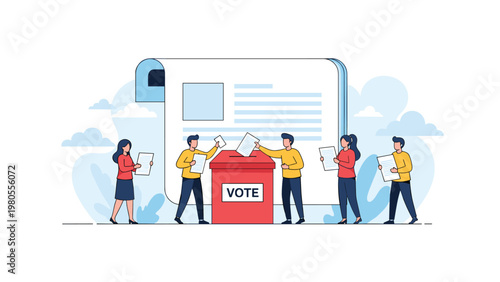 Illustration shows diverse people standing in line and putting their paper ballots into a red voting box for a democratic election day.