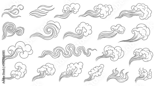 Set of black and white artistic illustrations shows various swirling patterns of clouds and blowing wind for decorative graphic design.
