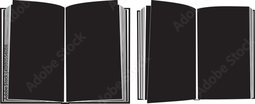 Silhouette illustration of two open books with blank dark pages black and white graphic white background open book education learning knowledge literature textbook silhouette illustration