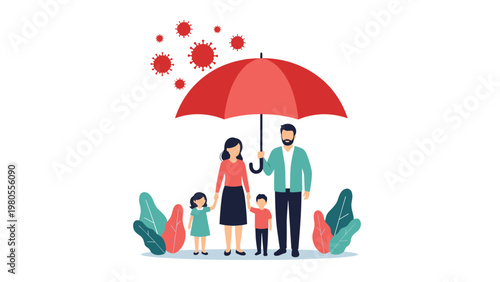 Conceptual illustration shows a family of four sheltered under a large red umbrella from falling virus particles for health insurance.