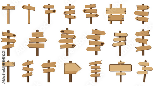 Large set of various wooden directional signposts and blank planks for road signs, path guidance, or rustic information board designs.