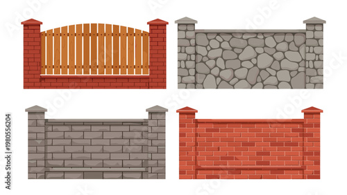 Variety of residential boundary fence designs including wooden pickets with brick pillars and solid stone walls for property security and privacy.
