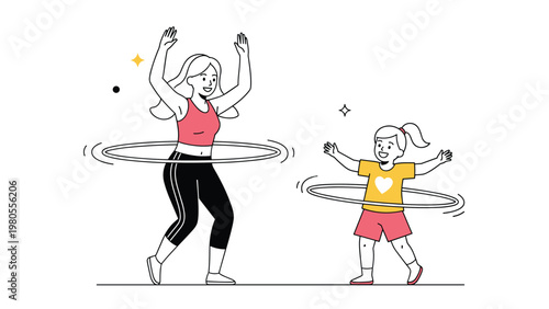 Happy mother and young daughter exercising together by spinning hula hoops around their waists for a fun family fitness activity.