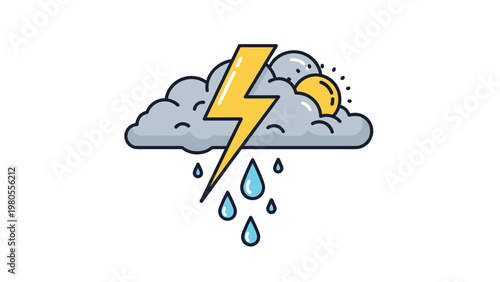 Weather icon illustrating a dark storm cloud with a bright yellow lightning bolt and raindrops falling against a white background.