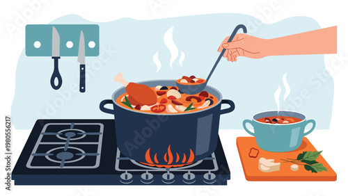 Person using a ladle to serve hot vegetable and meat soup from a large pot cooking on a gas stove in a cozy domestic kitchen setting.