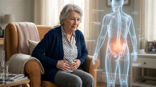 Senior woman experiencing abdominal pain with highlighted digestive system overlay, healthcare awareness symptoms diagnosis treatment care, medical condition discomfort 