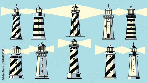 Array of various lighthouse designs with different patterns and shapes projecting bright beams of light across a blue background.