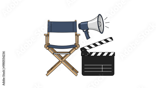 Professional movie production equipment set featuring a director chair, a megaphone, and a film clapperboard for cinema industry concepts.
