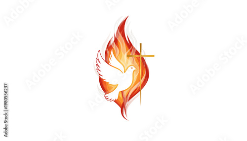 Symbolic White Dove Soaring within Blazing Fire, Adorned by a Golden Cross, Representing Holy Spirit and Faith