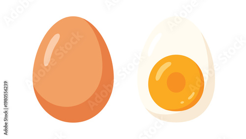 Close up illustration of a whole brown chicken egg beside a halved hard boiled egg showing the bright yellow yolk and white.