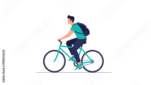 Young man riding a turquoise bicycle while wearing a backpack for daily commuting or a leisure bike trip in a simple flat style.