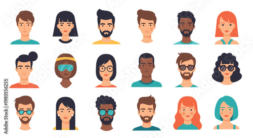 Set of diverse human avatar icons representing different ethnicities and styles with various hairstyles, glasses, and facial hair types.