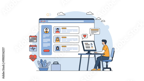 Office worker sitting at a desk and using a computer to manage an online platform with several user profile cards and data.