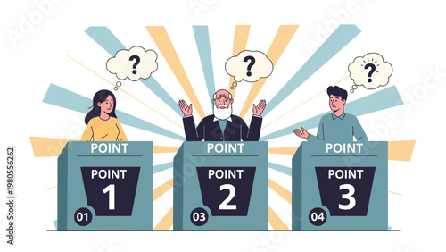 Group of contestants at a trivia game show standing behind podiums and looking confused or thoughtful about a difficult question.