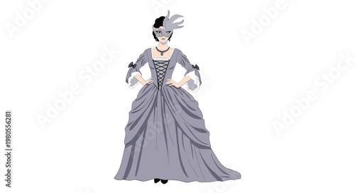 Elegant woman wearing a historical grey ball gown and a feathered masquerade mask for a formal event or elaborate costume party.