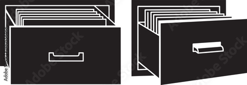Black and white icon illustration of open filing cabinet drawers with documents representing office organization and record keeping data storage records management documents organization