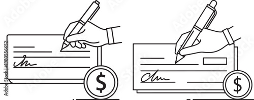 Black and white icon illustration of a hand signing a check with a pen next to a dollar coin representing payment and financial transactions transaction financial accounting business currency