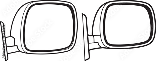 Outline illustrations of two car side mirrors depicting vehicle components automotive design driving safety transportation elements with car mirror car part line art auto repair automotive