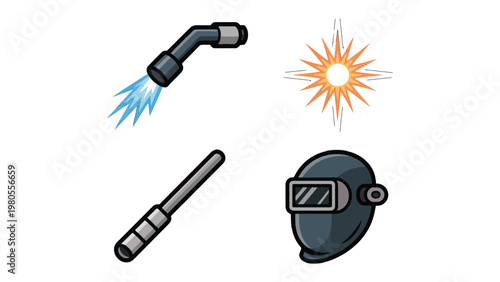Welding Tools and Protection: A collection of essential welding tools and protective gear, a welding torch emitting bright blue flames, a spark illustration, a welding rod, and a welding mask