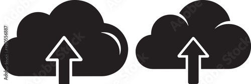 Two black silhouette cloud computing icons with upward arrows representing data upload cloud storage file transfer digital backup solutions graphic design web design app icon internet service